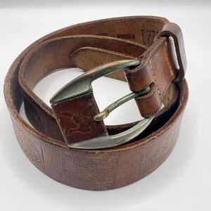 VTG Paris Saddle Leather Belt Game Shooting Scenery 30 Brown Solid Brass Buckle